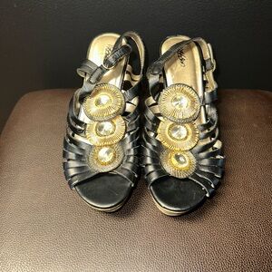 Mossimo Supply Co. Black Strappy Sandals with Gold Medallion Detail